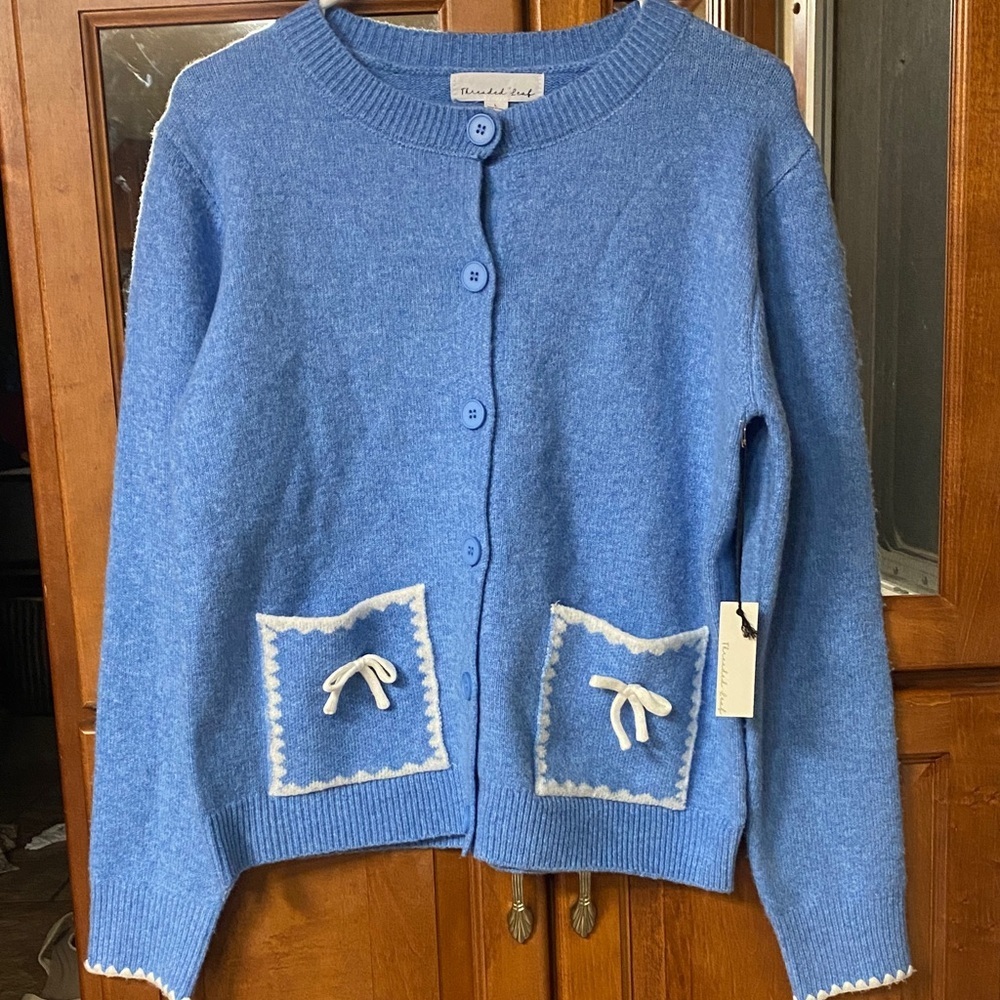 Blue Button Front Cardigan with White Accents NWT Cottage Core Prairie